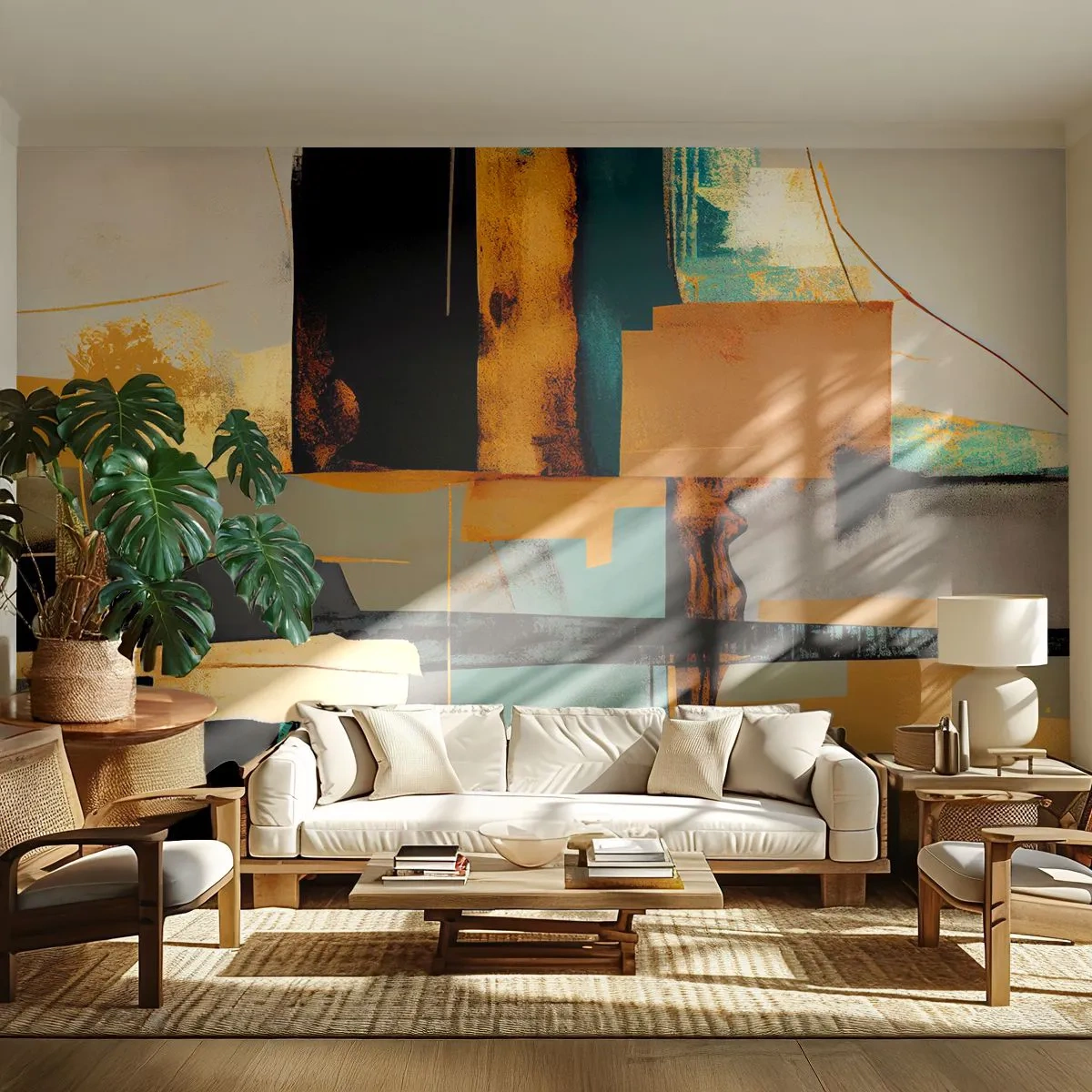 Fototapete Premium Sand - Moderne Abstraktion in Kupfer, Türkis und Schwarz - 100x70cm - Abstraktion – Licht und Schatten - Moderne Wanddekoration für Wohnzimmer und Schlafzimmer ARTTOR