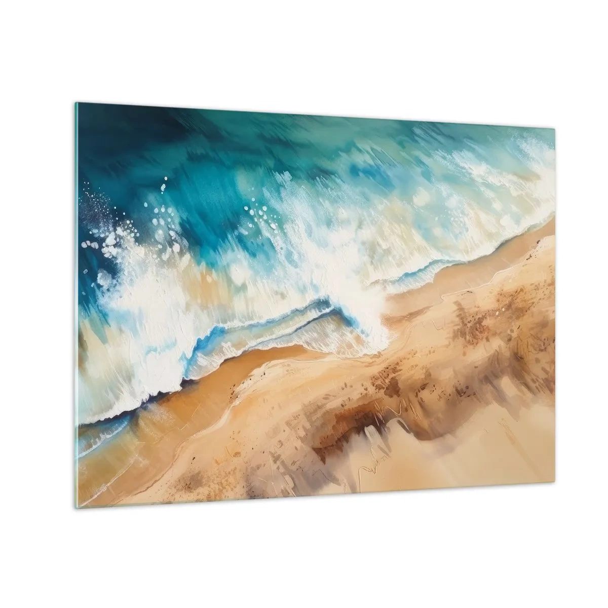 Glasbild - Bild auf glas - Eine Vogelperspektive einer blauen Meereswelle, die gegen ein sandiges Ufer prallt - 70x50cm - Zurückkehrende Welle - Moderne Wanddekoration für Wohnzimmer und Schlafzimmer ARTTOR
