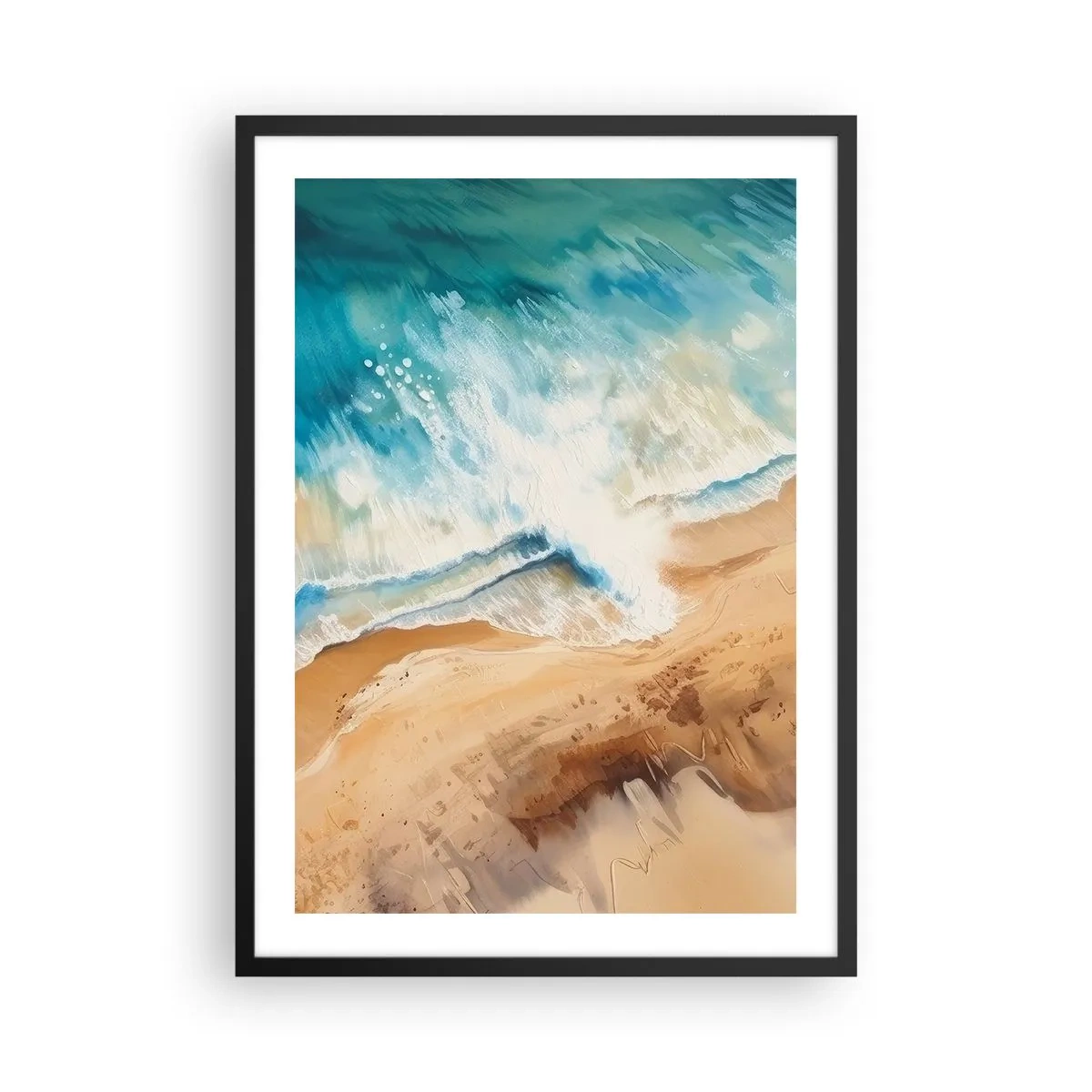 Poster in einem schwarzem Rahmen - Eine abstrakte Szene einer Welle, die in Türkis- und Sandtönen an die Küste bricht. - 50x70cm - Zurückkehrende Welle - Moderne Wanddekoration für Wohnzimmer und Schlafzimmer ARTTOR