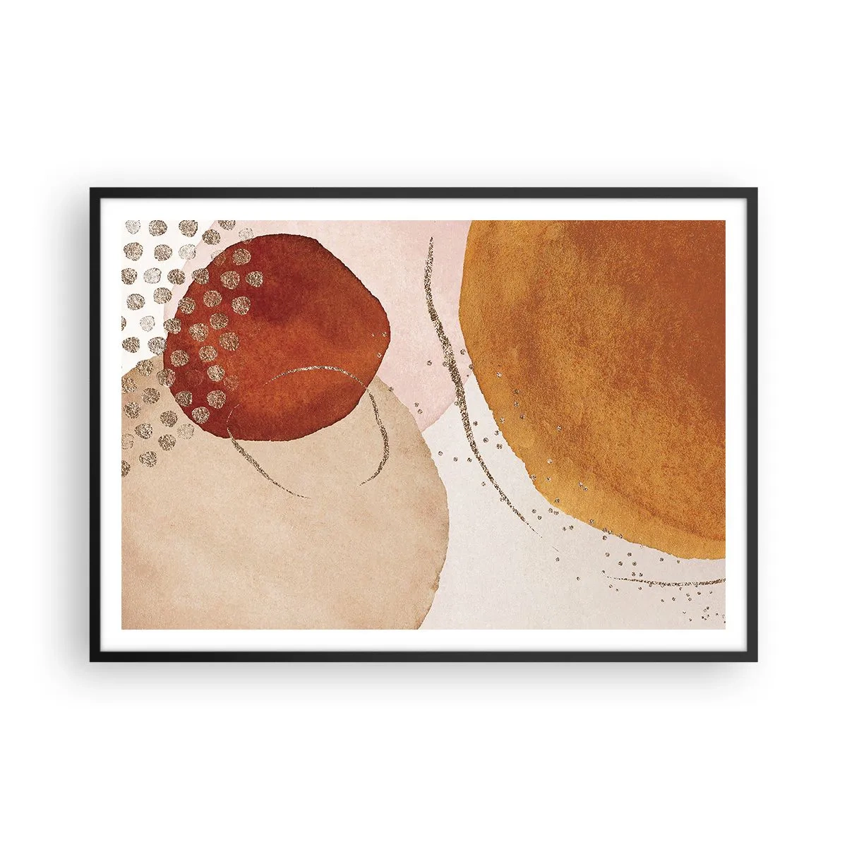 Poster in einem schwarzem Rahmen - Abstrakte Formen in warmen Braun- und Goldtönen - 100x70cm - Rundheit und Bewegung - Moderne Wanddekoration für Wohnzimmer und Schlafzimmer ARTTOR