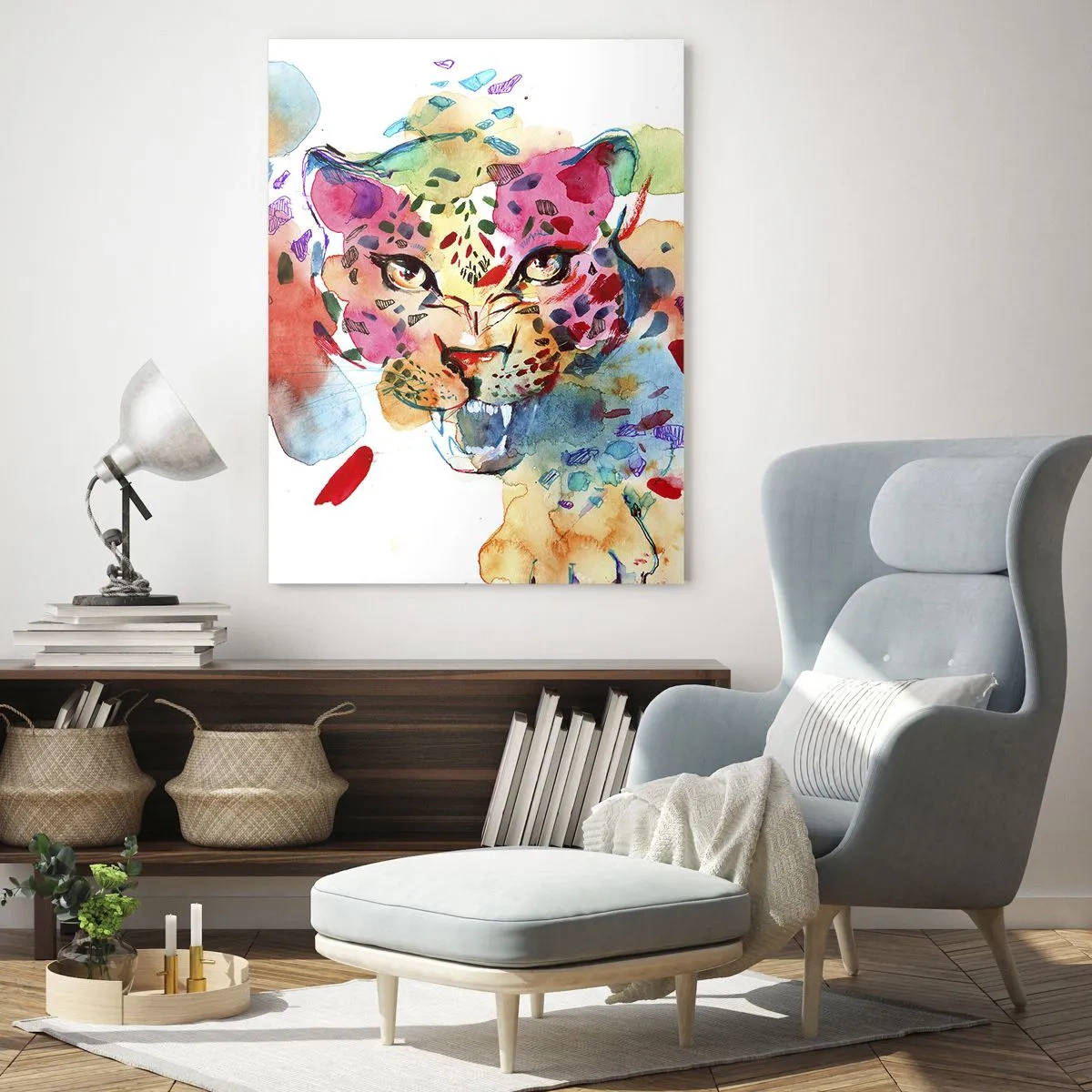 Glasbild - Bild auf glas - Abstraktes Porträt eines Leoparden in intensiven Farben - 80x120cm - Die Schöne und das Biest - Moderne Wanddekoration für Wohnzimmer und Schlafzimmer ARTTOR