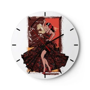Wanduhr - Glasuhr - Eine Tänzerin in einem roten Kleid mit künstlerischem Hintergrund - 30x30cm - Im Rhythmus des Herzens - Moderne Wanddekoration für Wohnzimmer, Küche und Schlafzimmer ARTTOR