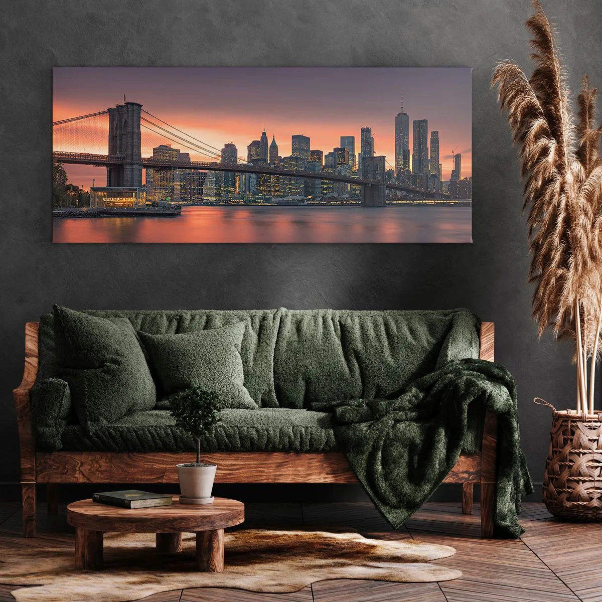 Bild auf Leinwand - Leinwandbild - Nachtpanorama der Stadt mit einer Brücke und einem beleuchteten Himmel - 120x50cm - Eingetaucht in lila Stille - Moderne Wanddekoration für Wohnzimmer und Schlafzimmer ARTTOR