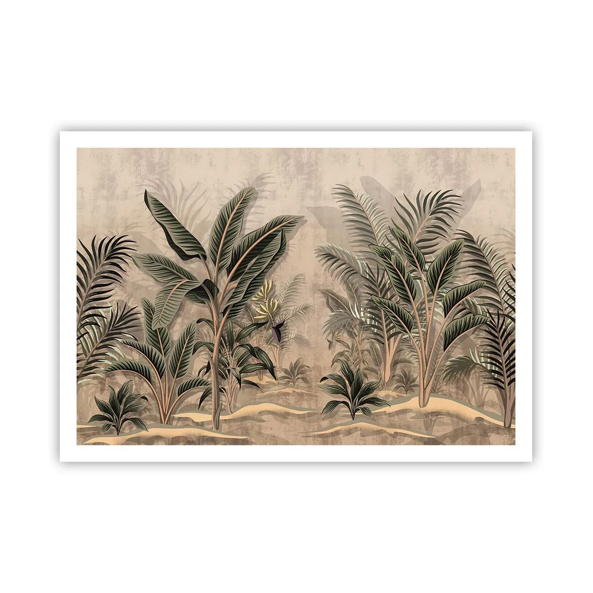 Poster - Palmen und tropische Vegetation in Grüntönen auf beigem Hintergrund - 100x70cm - Eine Gravur im Kolonialstil - Moderne Wanddekoration für Wohnzimmer und Schlafzimmer ARTTOR