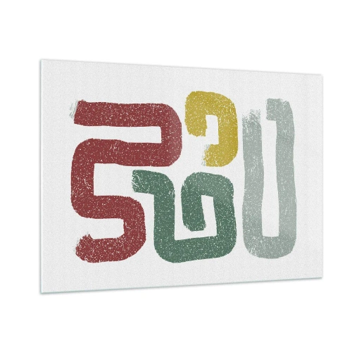 Glasbild - Bild auf glas - Bunte abstrakte Zeichen auf weißem Hintergrund - 100x70cm - In einer unbekannten Sprache - Moderne Wanddekoration für Wohnzimmer und Schlafzimmer ARTTOR