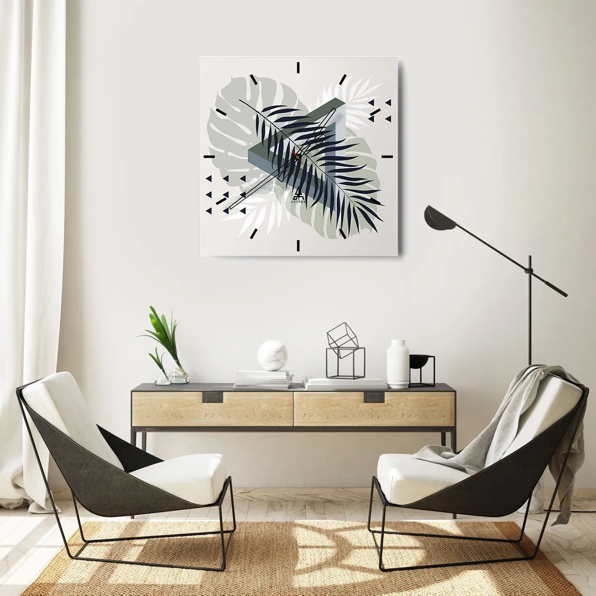 Wanduhr - Glasuhr - Geometrische Komposition mit tropischen Blättern in Grüntönen - 30x30cm - Natur und Geometrie – zwei Ordnungen? - Moderne Wanddekoration für Wohnzimmer und Schlafzimmer ARTTOR