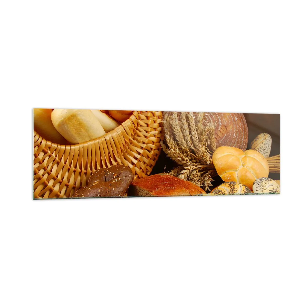 Glasbild - Bild auf glas - Verschiedene Brotsorten in einem Weidenkorb auf goldenem Hintergrund - 160x50cm - Wir sind wieder davongekommen - Moderne Wanddekoration für Wohnzimmer und Schlafzimmer ARTTOR