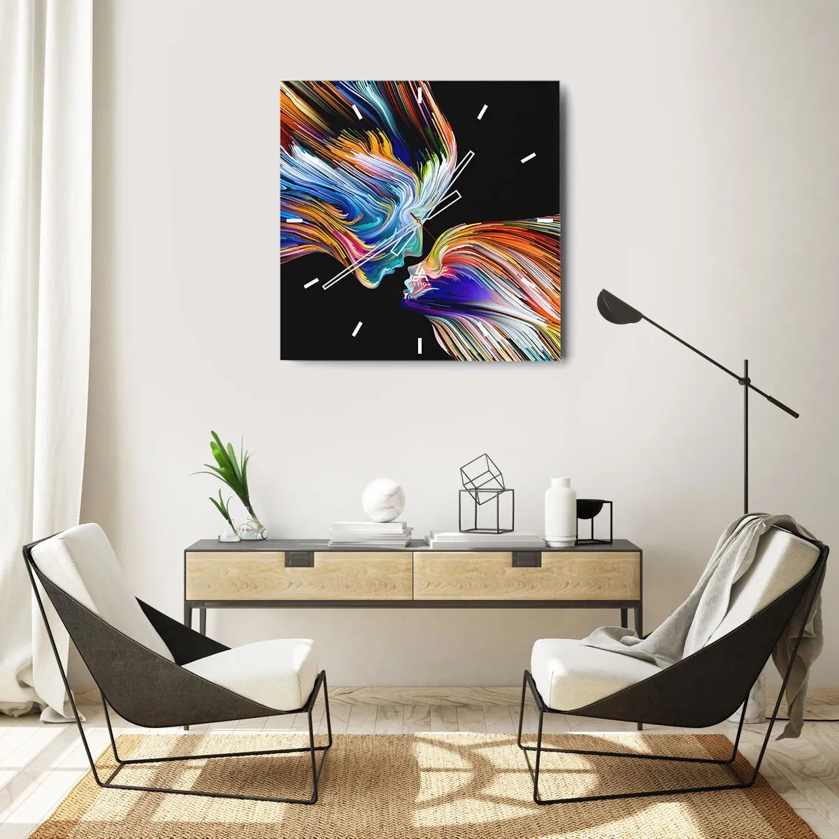 Wanduhr - Glasuhr - Bunte Silhouetten von Gesichtern in dynamischen Strömen auf schwarzem Hintergrund - 30x30cm - Eine Verschmelzung von Energie und Licht - Moderne Wanddekoration für Wohnzimmer und Schlafzimmer ARTTOR