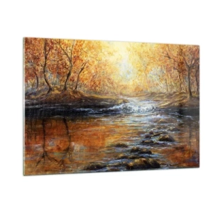 Glasbild - Bild auf glas - Ein goldener Bach im Wald, umgeben von Herbstbäumen - 120x80cm - Der goldene Strom - Moderne Wanddekoration für Wohnzimmer und Schlafzimmer ARTTOR