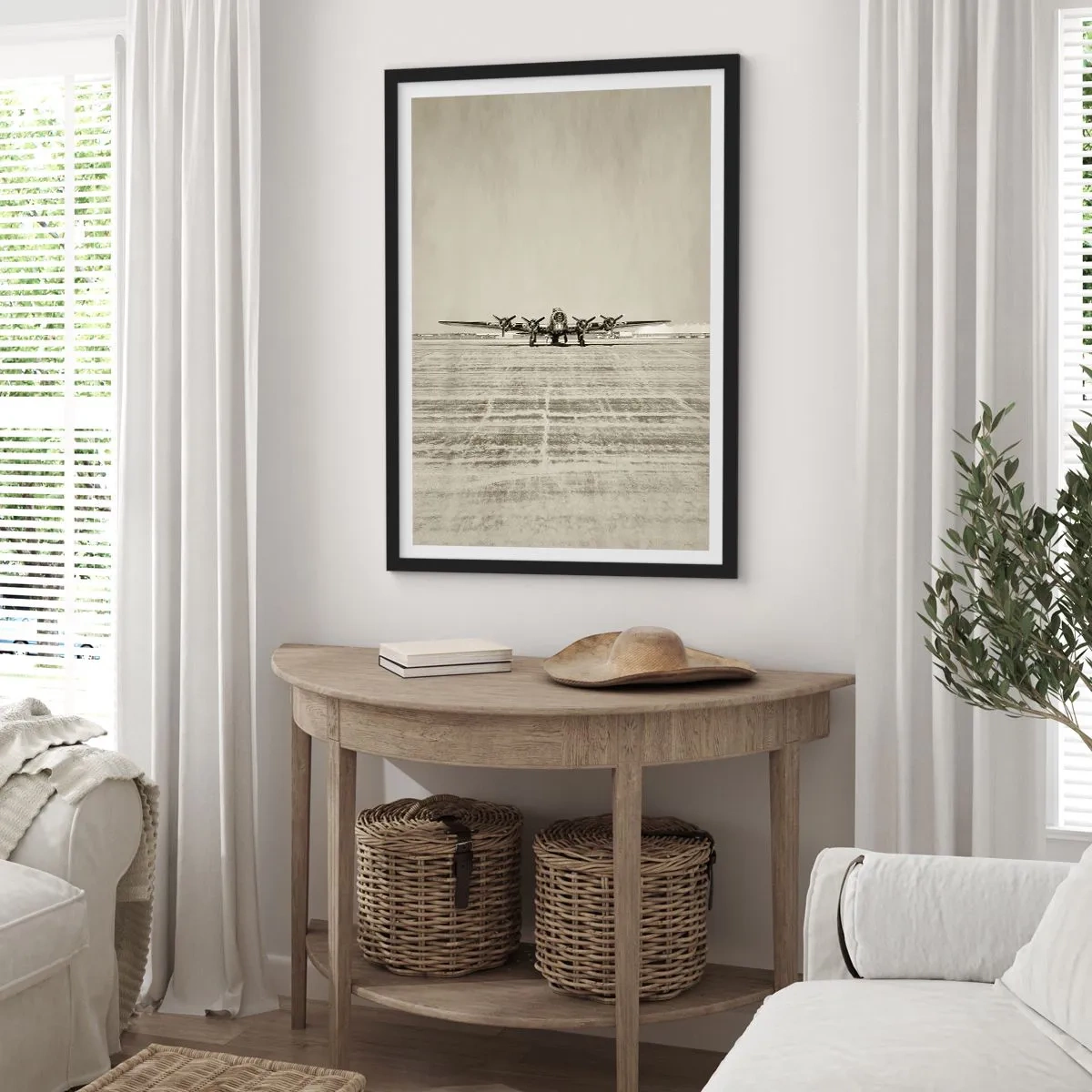 Poster in einem schwarzem Rahmen - Ein Oldtimer-Flugzeug auf der Landebahn - 50x70cm - Wie immer bereit - Moderne Wanddekoration für Wohnzimmer und Schlafzimmer ARTTOR