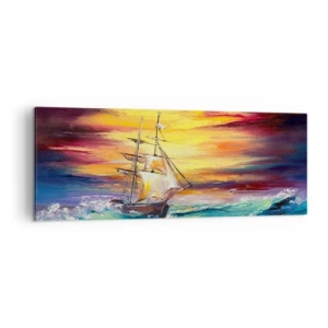Bild auf Leinwand - Leinwandbild - Ein Segelschiff vor der Kulisse eines farbenfrohen Sonnenuntergangs - 140x50cm - Tapfer unter den Wellen - Moderne Wanddekoration für Wohnzimmer und Schlafzimmer ARTTOR
