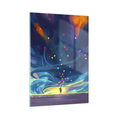 Glasbild - Bild auf glas - Eine Person hält bunte Luftballons vor einem blauen Windhintergrund. - 50x70cm - Zum blauen Wind - Moderne Wanddekoration für Wohnzimmer und Schlafzimmer ARTTOR