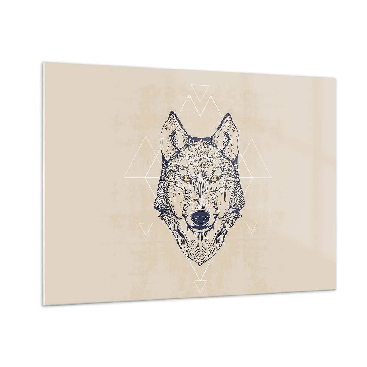 Glasbild - Bild auf glas - Wolfskopf vor einem Hintergrund aus geometrischen Mustern - 100x70cm - Ein Alpha mit durchdringendem Blick - Moderne Wanddekoration für Wohnzimmer und Schlafzimmer ARTTOR