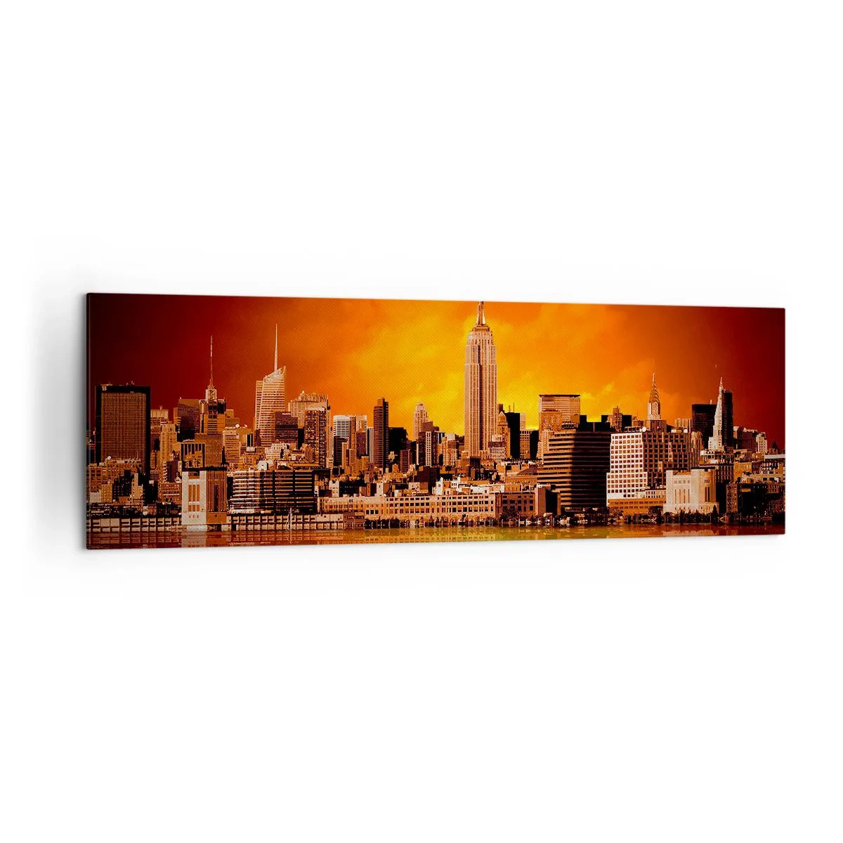 Bild auf Leinwand - Leinwandbild - Panorama der Stadt bei Sonnenuntergang mit im Wasser reflektierten Gebäuden - 160x50cm - Das Großstadtpanorama in Gelb und Bronze - Moderne Wanddekoration für Wohnzimmer und Schlafzimmer ARTTOR