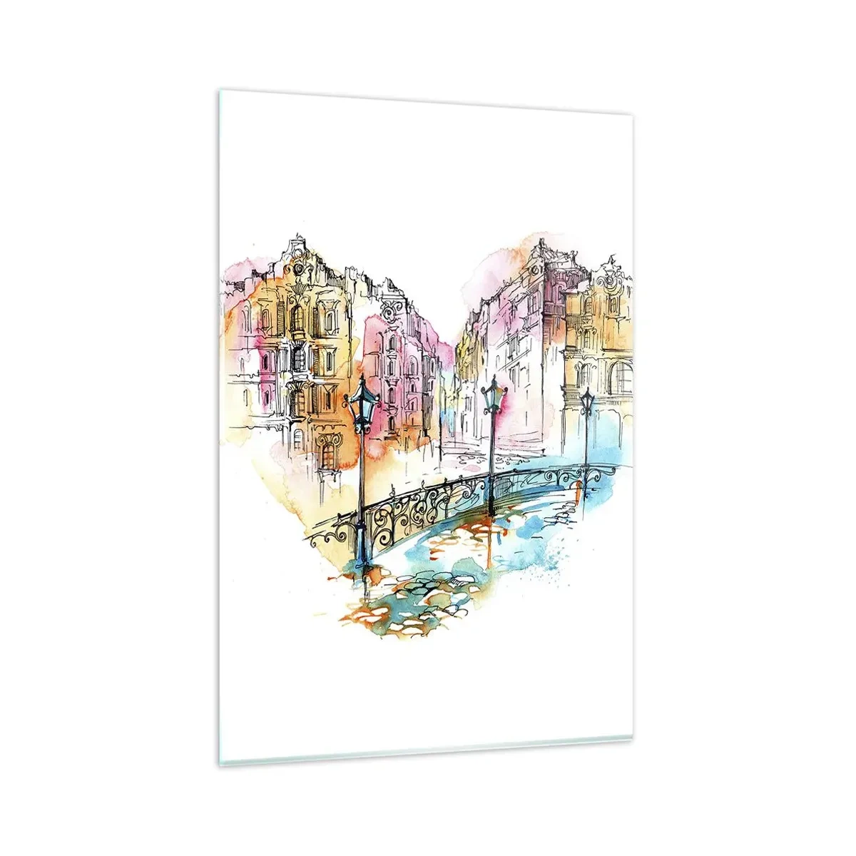 Glasbild - Bild auf glas - Aquarell einer Brücke und herzförmigen Mietshäusern - 80x120cm - Das Herz der Stadt - Moderne Wanddekoration für Wohnzimmer und Schlafzimmer ARTTOR