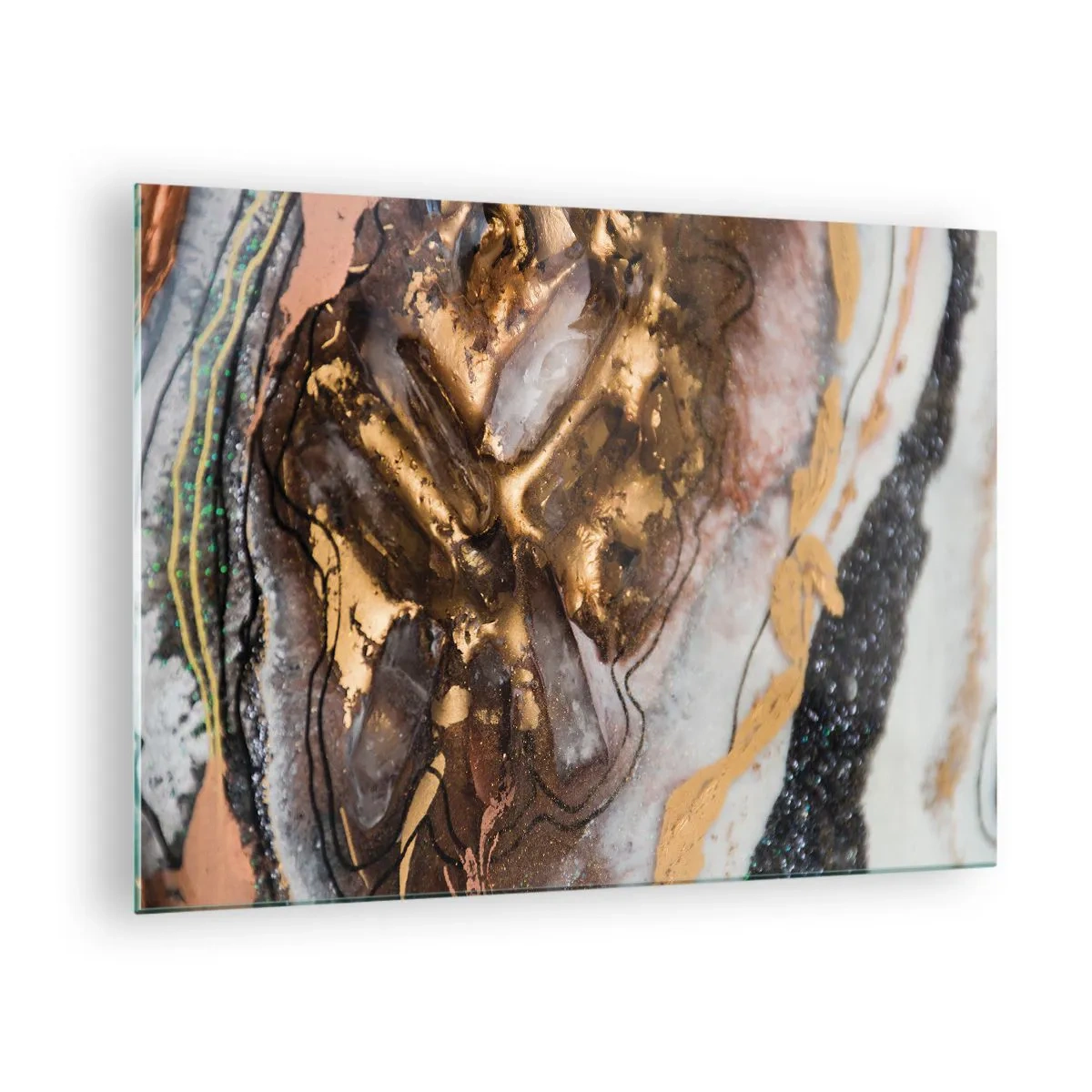 Glasbild - Bild auf glas - Ein abstraktes Gemälde in Gold-, Braun- und Weißtönen mit einer mineralähnlichen Textur. - 70x50cm - Das Element der Erde - Moderne Wanddekoration für Wohnzimmer und Schlafzimmer ARTTOR