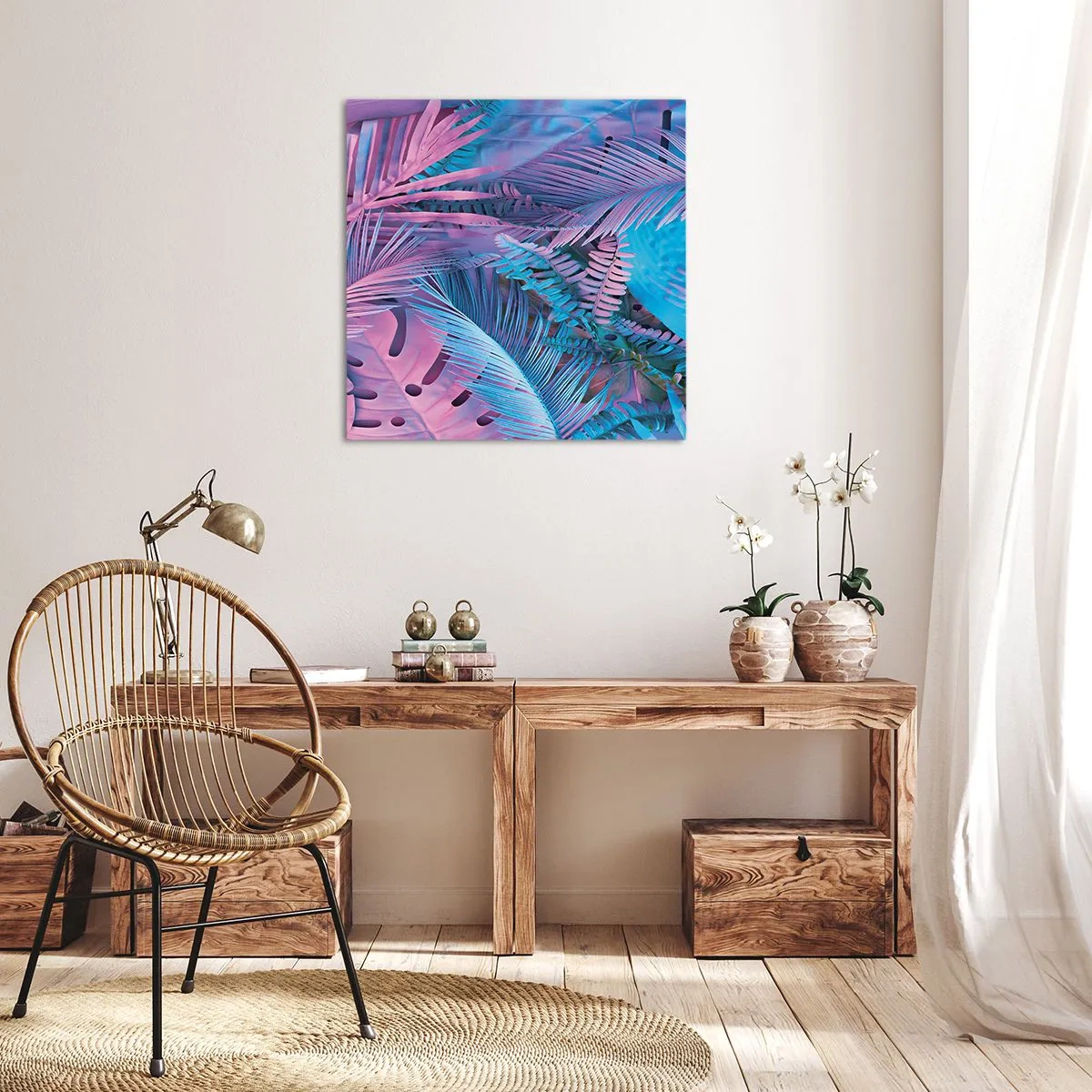 Bild auf Leinwand - Leinwandbild - Tropen in Rosa und Blau - 50x50 cm