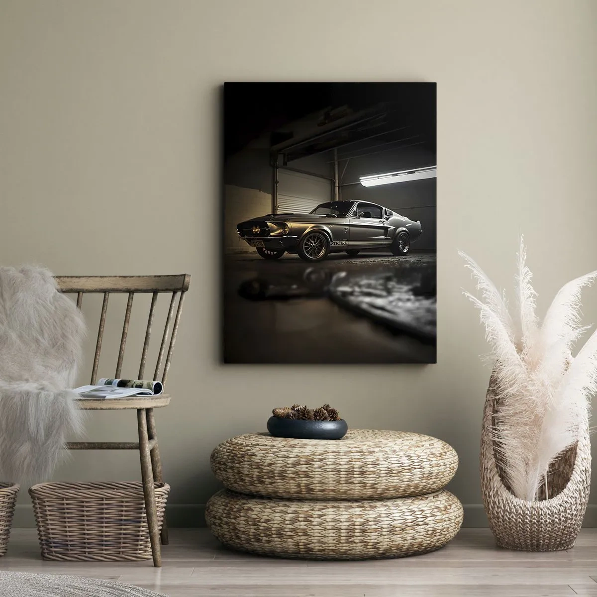 Bild auf Leinwand - Leinwandbild - Oldtimer in Retro-Garage - 70x100cm - Zurück in die Vergangenheit - Moderne Wanddekoration für Wohnzimmer und Schlafzimmer ARTTOR