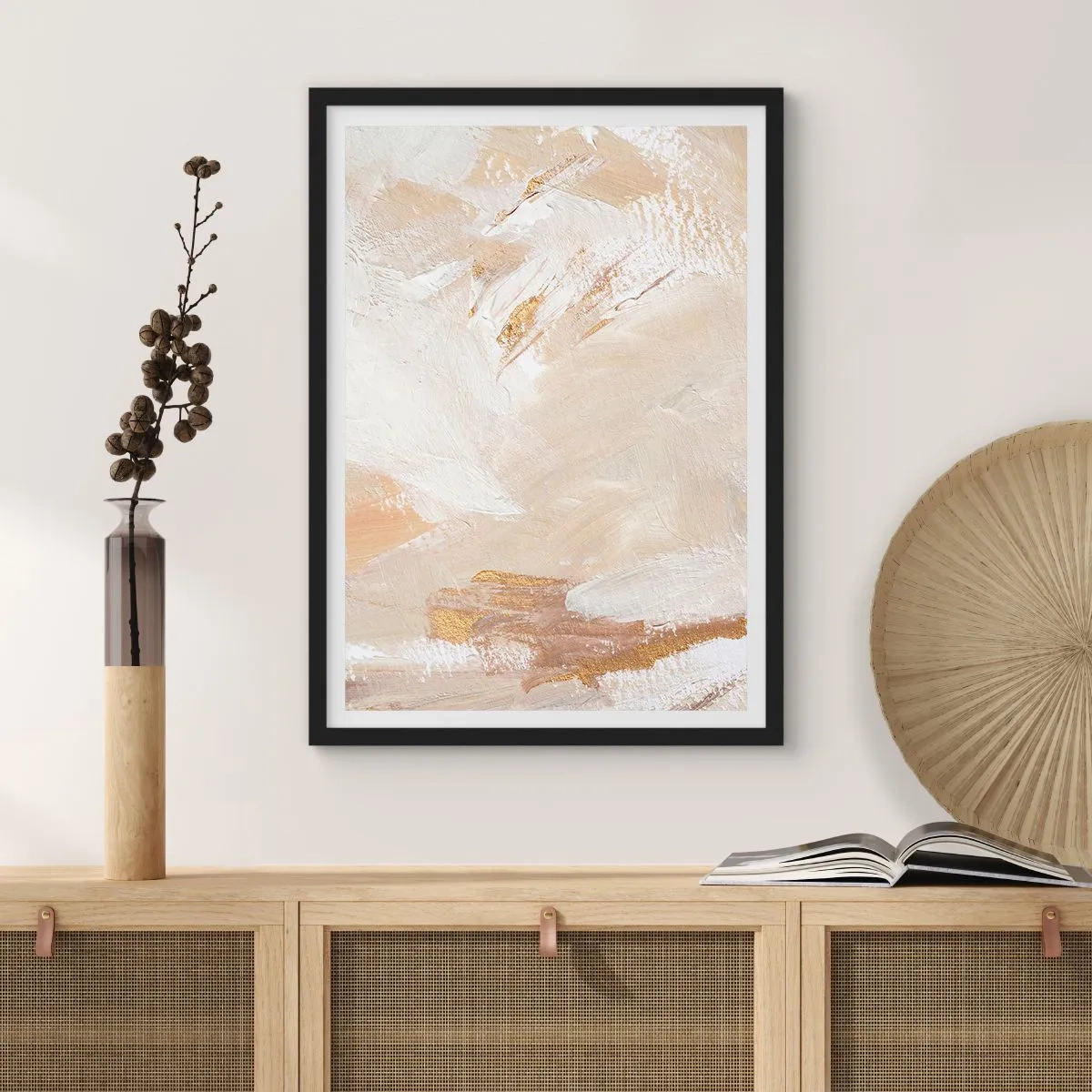 Poster in einem schwarzem Rahmen - Abstrakte Pinselstriche in Beige und Gold - 50x70cm - Pastellkomposition - Moderne Wanddekoration für Wohnzimmer und Schlafzimmer ARTTOR