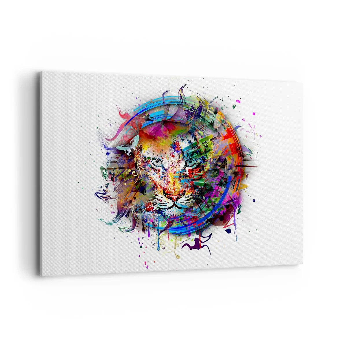 Bild auf Leinwand - Leinwandbild - Farbenfrohes Porträt eines Löwen im abstrakten Stil - 100x70cm - Es lauert hinter einem Regenbogenschleier - Moderne Wanddekoration für Wohnzimmer und Schlafzimmer ARTTOR