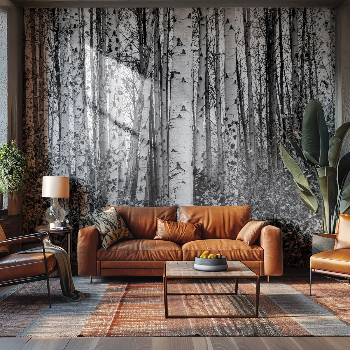 Fototapete Premium Sand - Schwarz-weißer Birkenwald im minimalistischen Stil - 100x70cm - Birkenkolonnade - Moderne Wanddekoration für Wohnzimmer und Schlafzimmer ARTTOR
