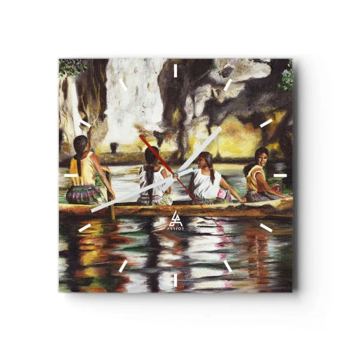 Wanduhr - Glasuhr - Frauen in einem Boot auf einem ruhigen Fluss mit malerischer Kulisse - 30x30cm - In einem polynesischen Paradies - Moderne Wanddekoration für Wohnzimmer und Schlafzimmer ARTTOR