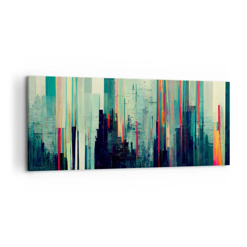 Bild auf Leinwand - Leinwandbild - Abstraktion mit vertikalen Linien und einer Stadtsilhouette - 120x50cm - Futuristische Stadt - Moderne Wanddekoration für Wohnzimmer und Schlafzimmer ARTTOR