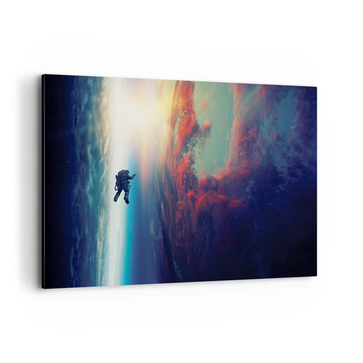 Bild auf Leinwand - Leinwandbild - Ein Astronaut schwebt im Weltraum über einer bunten Erde - 100x70cm - Sich dem Universum stellen - Moderne Wanddekoration für Wohnzimmer und Schlafzimmer ARTTOR