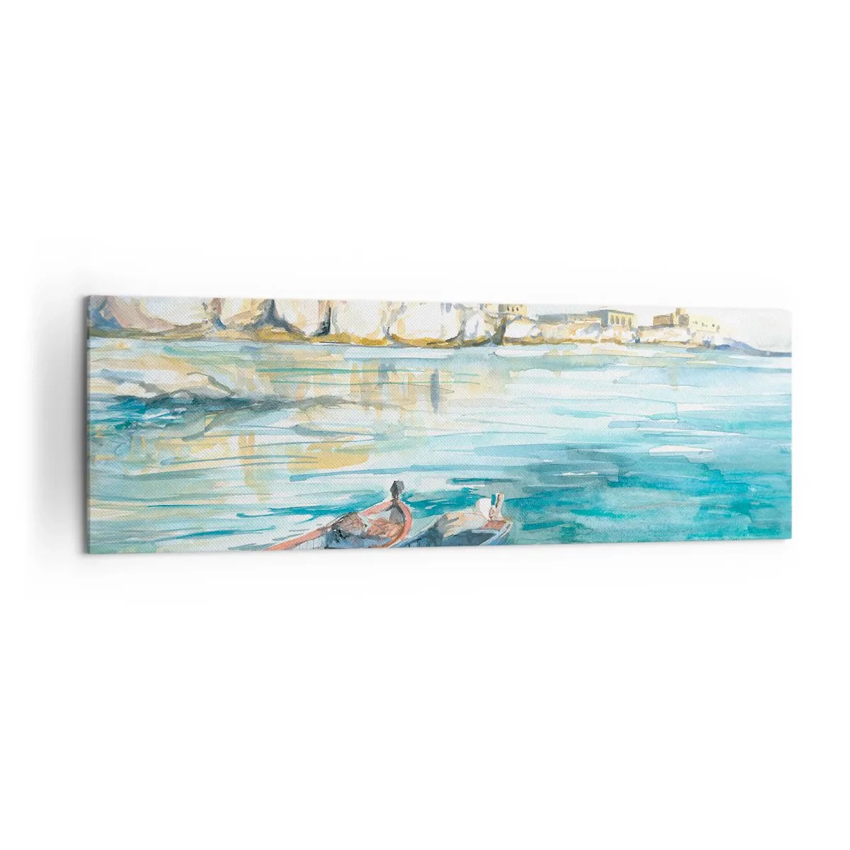 Bild auf Leinwand - Leinwandbild - Eine malerische Küstenlandschaft mit Booten auf dem Wasser - 160x50cm - Landschaft in Azurblau - Moderne Wanddekoration für Wohnzimmer und Schlafzimmer ARTTOR
