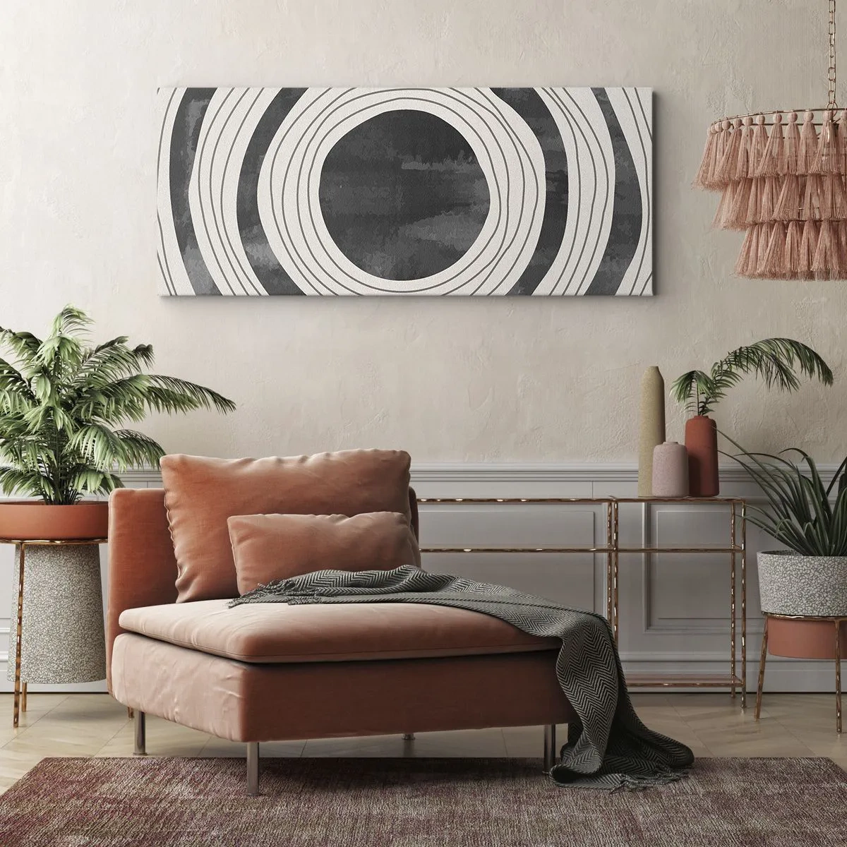 Bild auf Leinwand - Leinwandbild - Schwarze und weiße konzentrische Kreise auf hellem Hintergrund - 140x50cm - Auf den Punkt gebracht - Moderne Wanddekoration für Wohnzimmer und Schlafzimmer ARTTOR