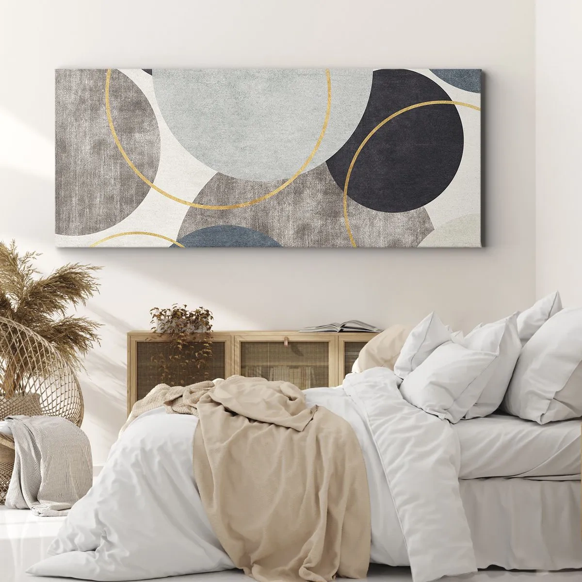 Bild auf Leinwand - Leinwandbild - Geometrische Kreise in Grau-, Blau- und Goldtönen - 160x50cm - Rad für Rad - Moderne Wanddekoration für Wohnzimmer und Schlafzimmer ARTTOR