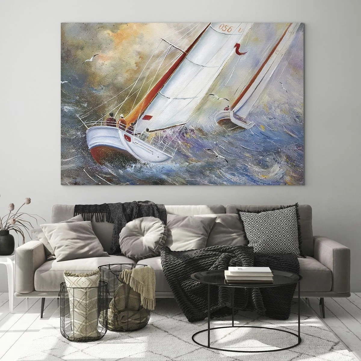 Glasbild - Bild auf glas - Segelboote in rauer See während einer Regatta - 120x80cm - Durch die Wellen laufend - Moderne Wanddekoration für Wohnzimmer und Schlafzimmer ARTTOR