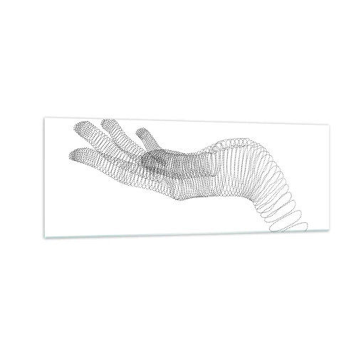 Glasbild - Bild auf glas - Eine minimalistische Illustration einer Hand aus schwarzen Punkten auf weißem Hintergrund. - 140x50cm - Federnde Hand - Moderne Wanddekoration für Wohnzimmer und Schlafzimmer ARTTOR