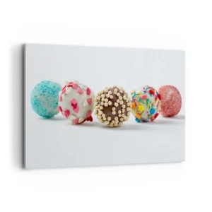 Bild auf Leinwand - Leinwandbild - Bunte Pralinen mit Dekorationen auf weißem Hintergrund - 120x80cm - Das Leben kann süß sein - Moderne Wanddekoration für Wohnzimmer und Schlafzimmer ARTTOR