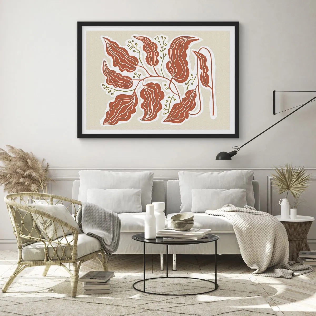Poster in einem schwarzem Rahmen - Ein minimalistisches Blattmotiv in Orange- und Grüntönen. - 70x50cm - Im Folkstil und korallenartig - Moderne Wanddekoration für Wohnzimmer und Schlafzimmer ARTTOR