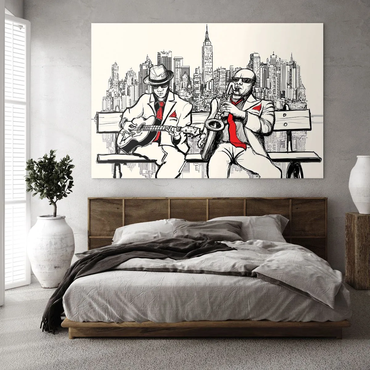 Glasbild - Bild auf glas - Zwei Jazzmusiker spielen vor der Kulisse der Skyline der Stadt - 70x50cm - New Yorker Improvisation - Moderne Wanddekoration für Wohnzimmer und Schlafzimmer ARTTOR