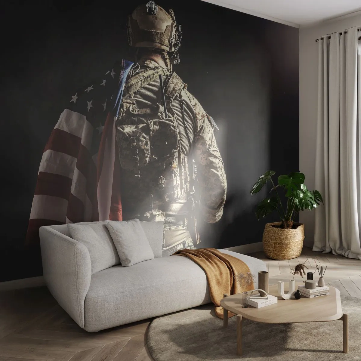 Selbstklebende Fototapete Deluxe Sticker - Darum - Soldat, Amerikanische Flagge, Kommando - 450x315 cm