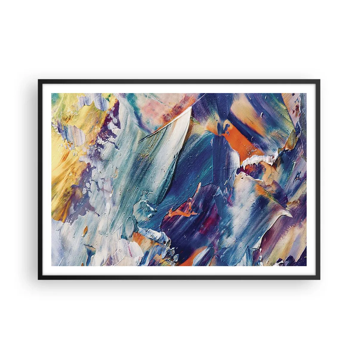 Poster in einem schwarzem Rahmen - Bunte Abstraktion mit Acrylfarbe Textur - 100x70cm - Farbverwirrung - Moderne Wanddekoration für Wohnzimmer und Schlafzimmer ARTTOR
