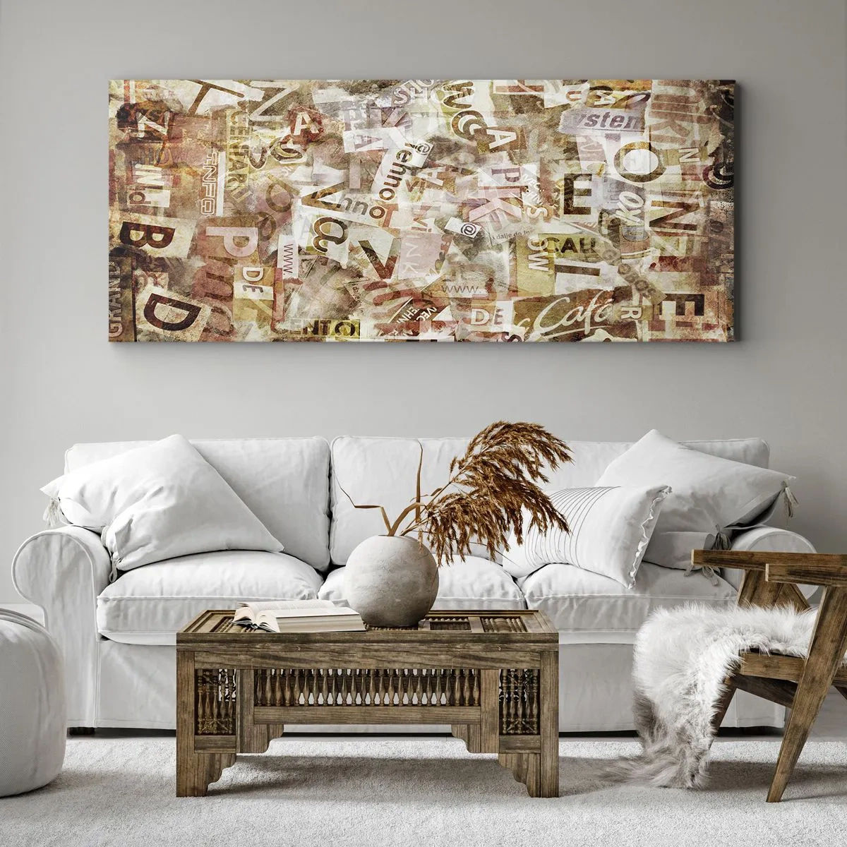 Bild auf Leinwand - Leinwandbild - Abstrakte Komposition mit Buchstaben und Textfragmenten - 140x50cm - Ich vereinige das Geschwätz - Moderne Wanddekoration für Wohnzimmer und Schlafzimmer ARTTOR