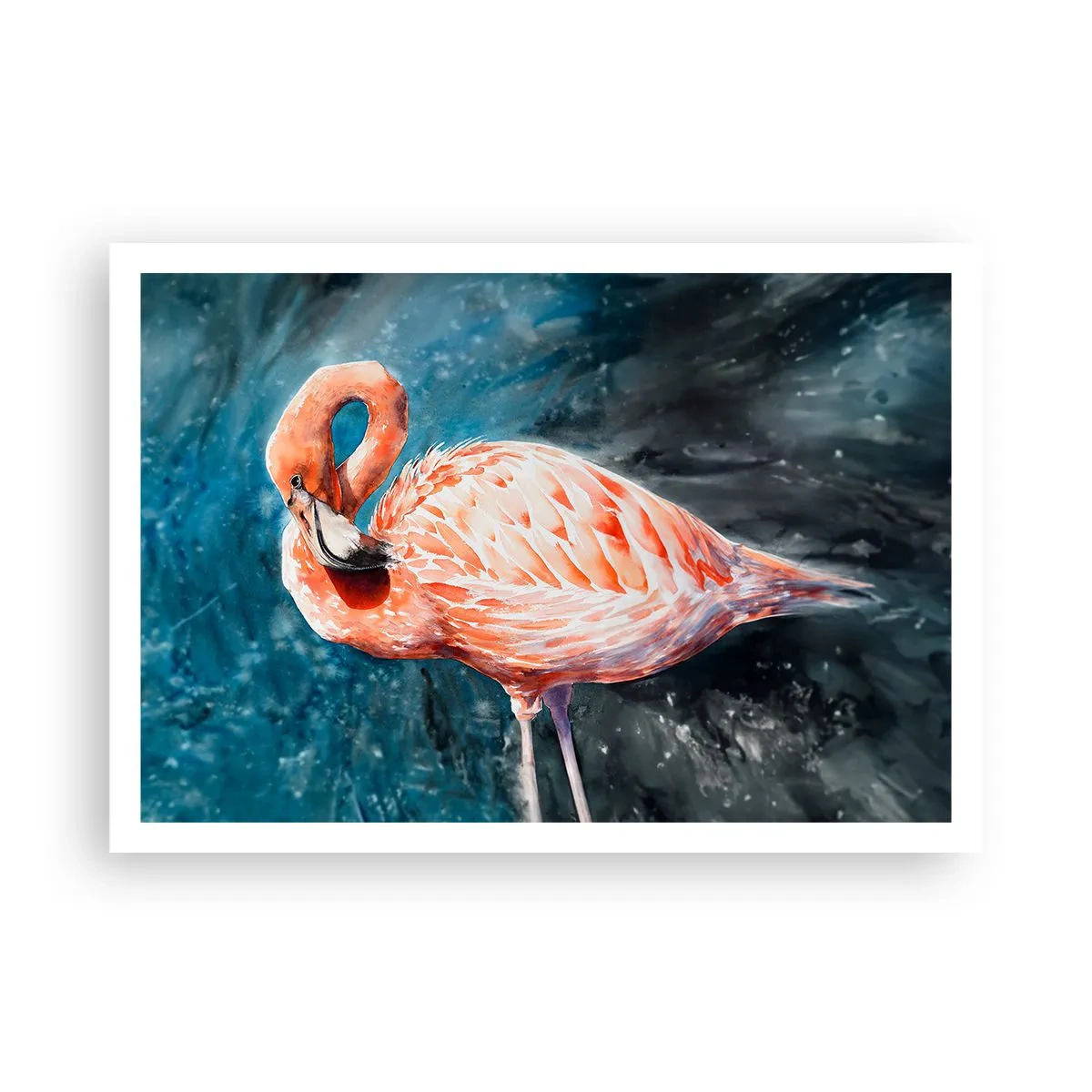 Poster - Ein rosa Flamingo auf einem aquarellblauen Hintergrund - 100x70cm - Von Natur aus dekorativ - Moderne Wanddekoration für Wohnzimmer und Schlafzimmer ARTTOR