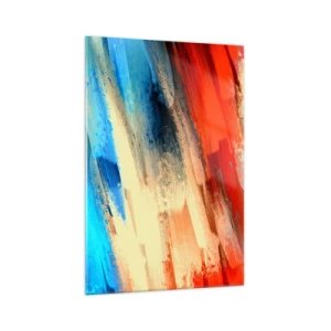 Glasbild - Bild auf glas - Abstrakter Pinselstrich in Blau- und Orangetönen - 70x100cm - Eine Kaskade von Farben - Moderne Wanddekoration für Wohnzimmer und Schlafzimmer ARTTOR