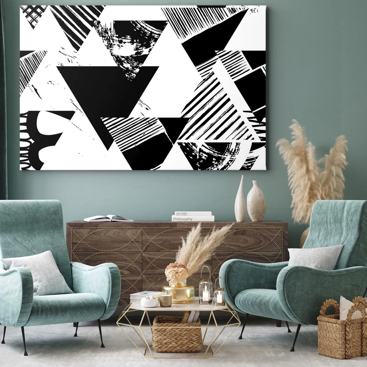 Bild auf Leinwand - Leinwandbild - Geometrische Muster in minimalistischer Schwarz-Weiß-Form - 100x70cm - Regen von Dreiecken - Moderne Wanddekoration für Wohnzimmer und Schlafzimmer ARTTOR