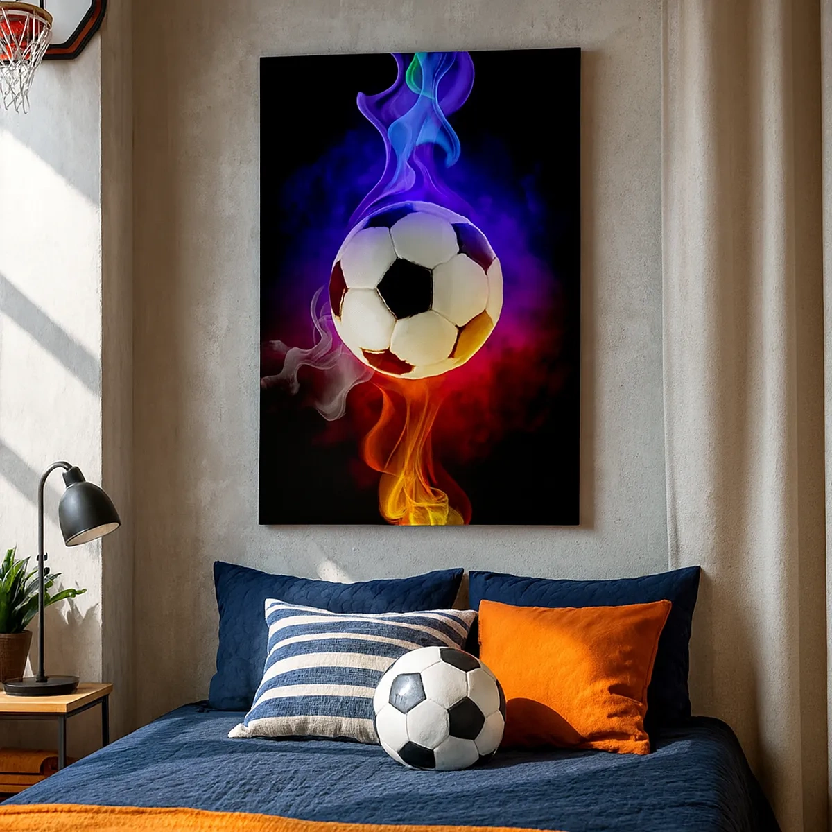 Bild auf Leinwand - Leinwandbild - Ein Fußball, umgeben von bunten Raucheffekten auf dunklem Hintergrund. - 50x70cm - Die magische Kraft des Spiels - Moderne Wanddekoration für Wohnzimmer und Schlafzimmer ARTTOR