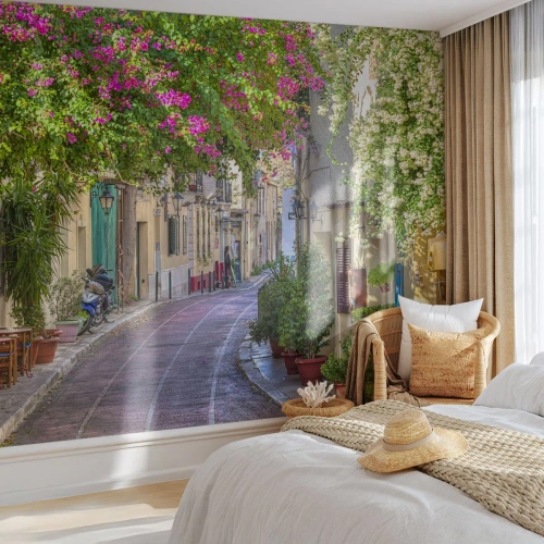 Fototapete Premium Canvas - Blühende Gasse - Die Architektur, Griechenland, Stadt - 200x140 cm