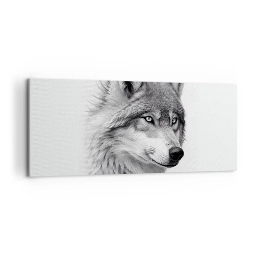Bild auf Leinwand - Leinwandbild - Ein realistisches Porträt eines Wolfes in Grautönen. - 120x50cm - Alpha – ohne Zweifel - Moderne Wanddekoration für Wohnzimmer und Schlafzimmer ARTTOR