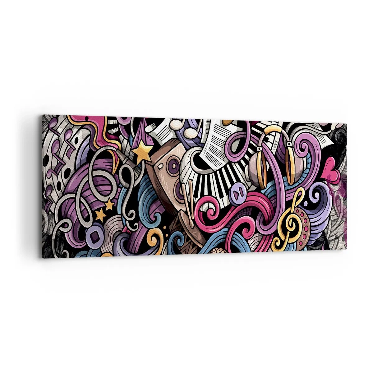 Bild auf Leinwand - Leinwandbild - Eine musikalische Abstraktion voller farbenfroher Instrumente und Noten. - 120x50cm - Komplizierte Melodie - Moderne Wanddekoration für Wohnzimmer und Schlafzimmer ARTTOR