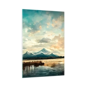 Glasbild - Bild auf glas - Eine malerische Landschaft mit einem Berg und einem ruhigen See - 80x120cm - Unter dem Schutz des Himmels - Moderne Wanddekoration für Wohnzimmer und Schlafzimmer ARTTOR