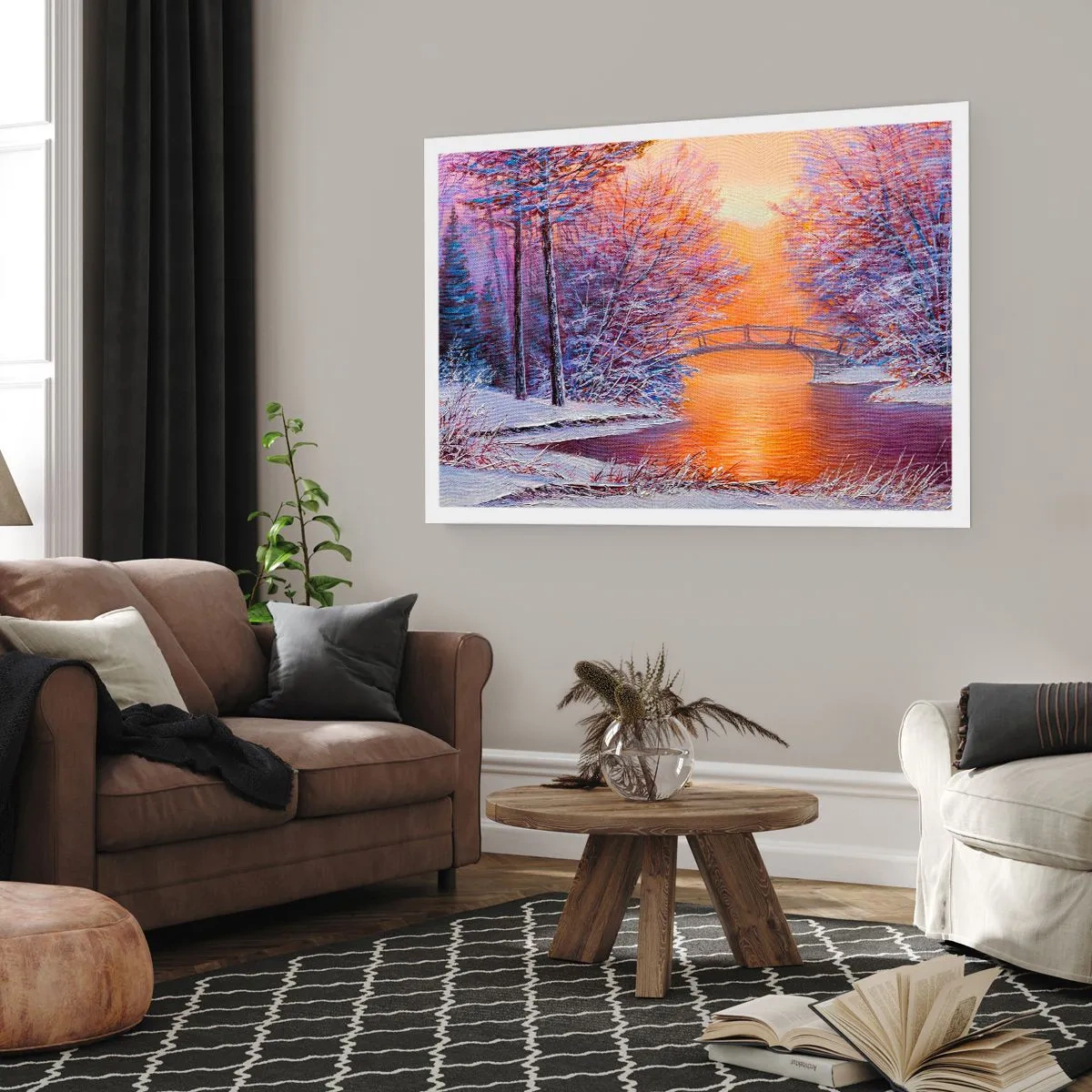 Poster - Winterlandschaft mit Brücke und Sonnenuntergang - 100x70cm - Treffen wir uns hier - Moderne Wanddekoration für Wohnzimmer und Schlafzimmer ARTTOR