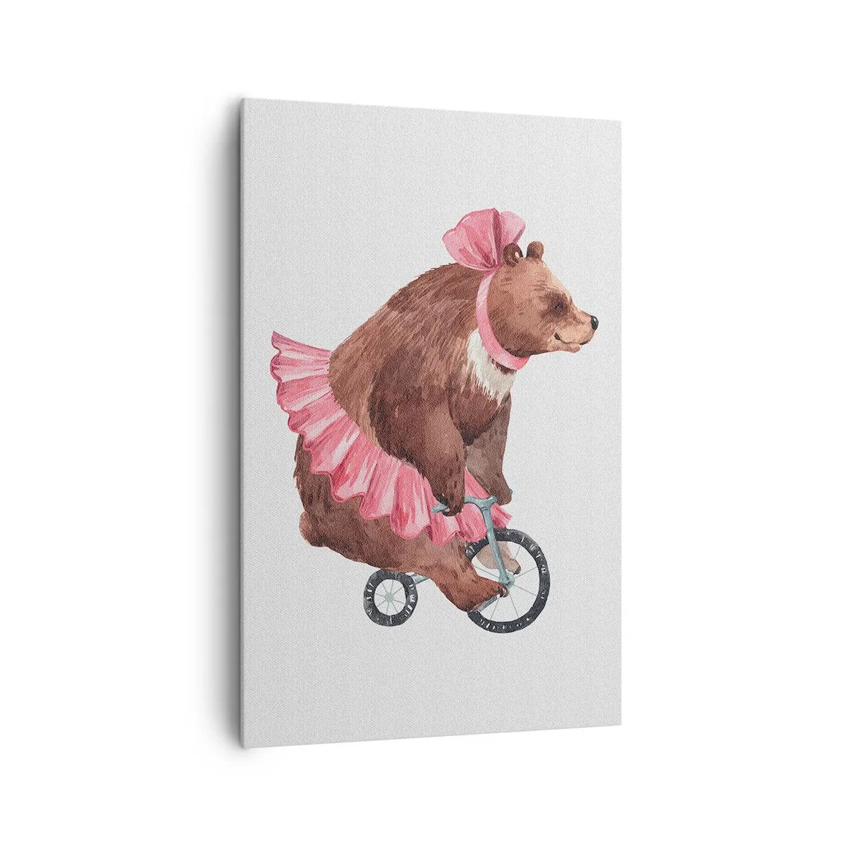 Bild auf Leinwand - Leinwandbild - Ein Teddybär im rosa Rock auf einem Fahrrad im Retro-Stil - 80x120cm - Was für ein Affentheater! - Moderne Wanddekoration für Wohnzimmer und Schlafzimmer ARTTOR