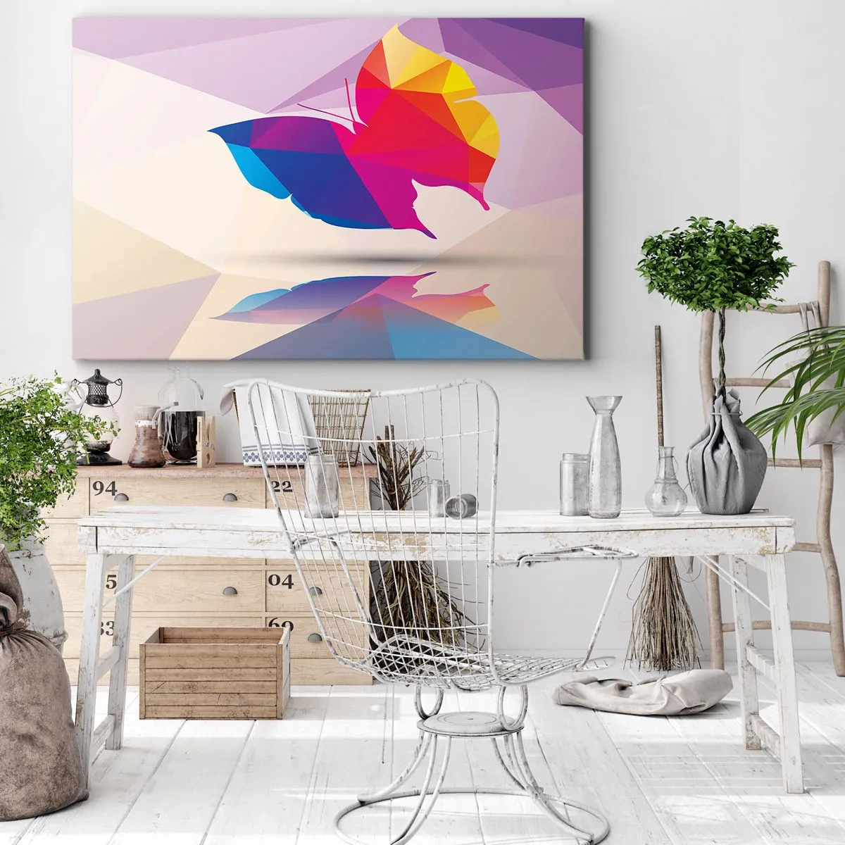 Bild auf Leinwand - Leinwandbild - Geometrische Schmetterlingssilhouette in leuchtenden Farben - 120x80cm - Regenbogenschmetterling - Moderne Wanddekoration für Wohnzimmer und Schlafzimmer ARTTOR